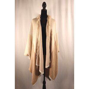 C Cozy Beige Color Block Open Front Poncho with‎ Fringe Detail Size Large